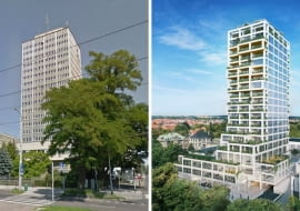 Wieżowiec TVP Szczecin obecnie (po lewej) i projekt budynku Sky Garden w Szczecinie ( z prawej)
