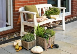 Kompozycje tarasowe w koszach- białe wrzosy i cyklamen oraz zielony bluszcz i wrzosiec drzewiasty 'Albert's Gold' o jasnozielonych igiełkowatych liściach. Jako dodatek - ozdobne dynie i patisony.