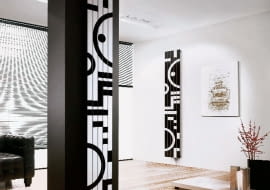 Grzejnik wykonany ze stali węglowej, lakierowanej, dekorowany oryginalnymi motywami graficznymi. Dostępny również w wersji poziomej. Proporcje wzoru są ściśle powiązane z wymiarami modelu. Rosy Graphic, cena od 2776 zł, Cordivari/A'QUA Design