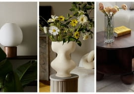 1. Lampa stołowa z drewna i szkła 259,99 PLN  2. Wysoki wazon z kamionki 147,99 PLN  3. Stolik z drewna mangowca 829,99 PLN