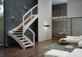 Schody Maya oparte na konstrukcji drewnianej z poręczą Szkło w drewnie (cena ok. 15 tys. zł brutto w ramach promocji obowiązującej w lutym 2017 r.)