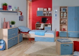 MEBLE DZIECIĘCE. System Nodo marki Forte: komoda - 419 zł, szafka nocna - 159 zł, półka wisząca - 79 zł, łóżko - 439 zł, szuflada na pościel - 139 zł, biurko - 409 zł, szafka wisząca - 199 zł, regał - 329 zł, szafa - 719 zł. Cena zestawu: 2891 zł.