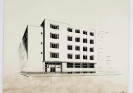 Andrzej Nitsch, projekt małego hotelu, widok perspektywiczny, praca studencka, ok. 1930, tusz na kartonie, zbiory Muzeum Architektury we Wrocławiu
