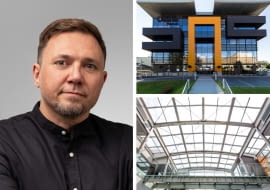 Z lewej: Maciej Zuber; Z prawej: biurowiec JSW w Katowicach