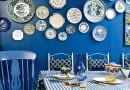 Modern blue dining room table chairs check pattern cloth ceramic wall plates interiors rooms cool colours display collections