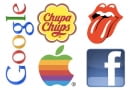 logotypy: facebook. chupa chups, google, rolling stones
