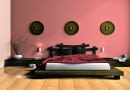 Modern bedroom in ethnic style 3D rendering SLOWA KLUCZOWE: interior furniture situation sofa vase bedroom pillow glass blind white wood niche illumination modern reflection 3D comfort rest area room home decor relax lifestyle furnishings comfortable leisure objects shade family illustration lamp bed blanket black carpet book dream sleep luxurious apartment blanket ethnic jalousie yellow plant