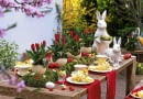 Oster - Tischdeko mit Tulpen : Tulipa ( Tulpen ) in Straußeneiern auf Moosbett, Keramik - Osterhasen, Ostereier in rot und weiß Möbel : Holzwerk - A, info@holzwerk-a.de 0551 - 3883148 61020757 Ausschnitt SLOWA KLUCZOWE: 000 Eier Hasen Ostern Terrasse Tisch Tischdekoration Topf ZZZ draussen gelb quer rot