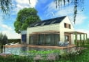 Projekt domu ADD - od strony północnej jego dach pokryty jest trawą. Pergola otaczająca budynek jest w strefie wejścia zabudowana. Komin jest zintegrowany z wiatrakiem o pionowej osi obrotu. Nad garażem znajduje się taras ogrodzony barierką z matowego szkła, na który wychodzi się z sypialni rodziców
