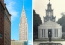 Z lewej: Chrysler Building w Nowym Jorku, z prawej: polski pawilon na wystawę w Paryżu w 1935 rok