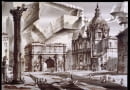Kaprys architektoniczny. Forum Romanum albo Dwa Światy I projekt scenografii piórko, pędzel, tusz chiński, akwarela, papier do akwareli na krośnie, 2013