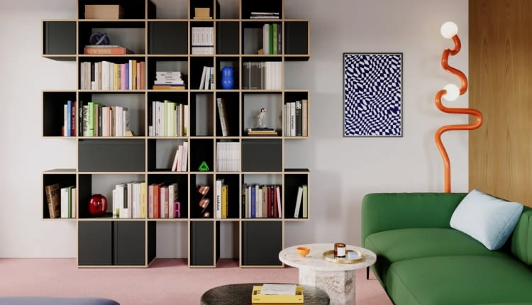 Czarny regał z drzwiami i szufladami