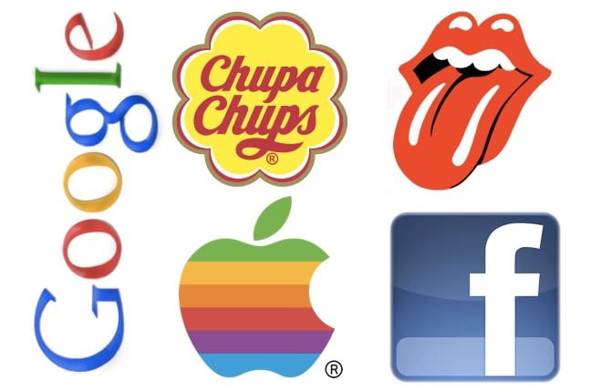 logotypy: facebook. chupa chups, google, rolling stones