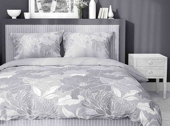 POŚCIEL BAWEŁNIANA, 160 X 200 CM, O SATYNOWYM SPLOCIE, KWIATY, SZARA