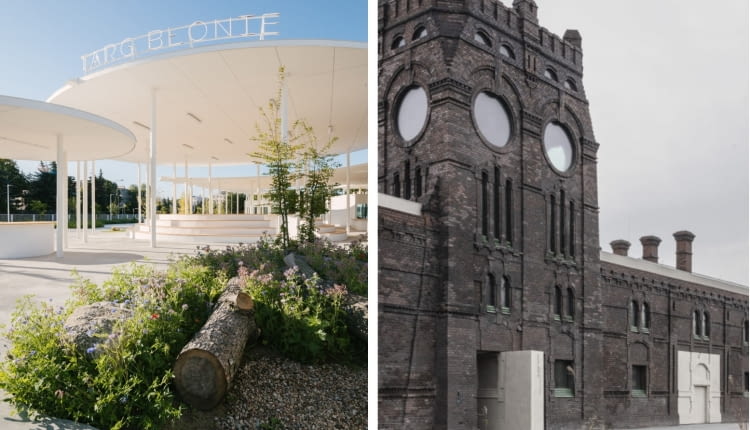 Z lewej: Targ w Błoniu. Proj. Pracownia Architektoniczna Aleksandra Wasilkowska  / z prawej: Galeria Sztuki Współczesnej PLATO w Ostrawie. Proj. KWK Promes