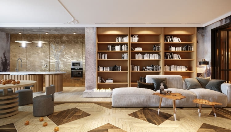 Salon z biblioteką - inspirujące aranżacje
