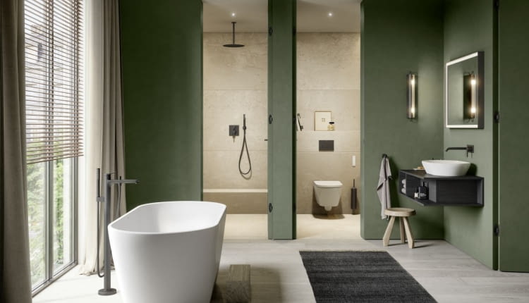 Harmonia symetrii: W sercu łazienki znajduje się wolnostojąca wanna D-Neo, która otwiera widok na nietypowo rozmieszczoną podwójną umywalkę. Nablatowe umywalki D-Neo spoczywają na ściennej konsoli z tej samej serii, nadając wnętrzu lekkości i subtelnie łącząc je z sąsiadującą sypialnią.