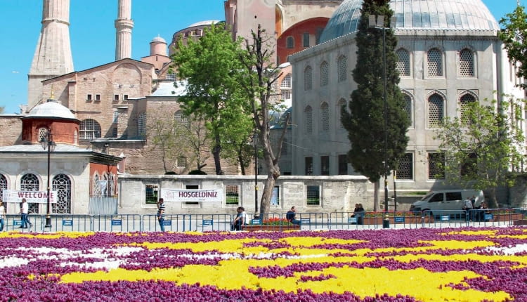 Kobierzec z tulipanów w centrum miasta 'utkany' na wzór perskich dywanów.