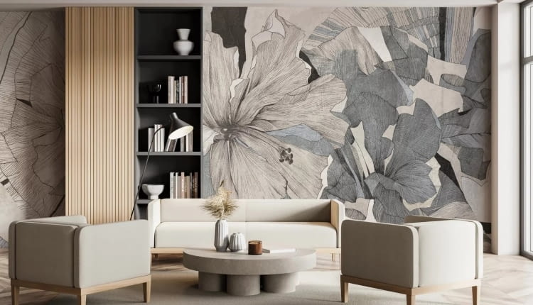 HIBISCUS - blue - tapeta w wielkie kwiaty do salonu lub sypialni