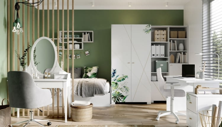 Meblik_szafa 100 Nature   regał 100 wysoki Nature   biurko flex white   box Nature   krzesło Solar Stone   krzesło Royal szare   toaletka ReStyle white