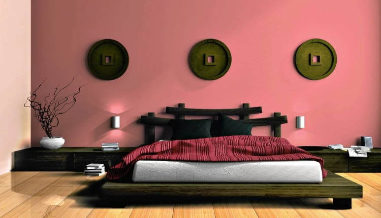 Modern bedroom in ethnic style 3D rendering SLOWA KLUCZOWE: interior furniture situation sofa vase bedroom pillow glass blind white wood niche illumination modern reflection 3D comfort rest area room home decor relax lifestyle furnishings comfortable leisure objects shade family illustration lamp bed blanket black carpet book dream sleep luxurious apartment blanket ethnic jalousie yellow plant