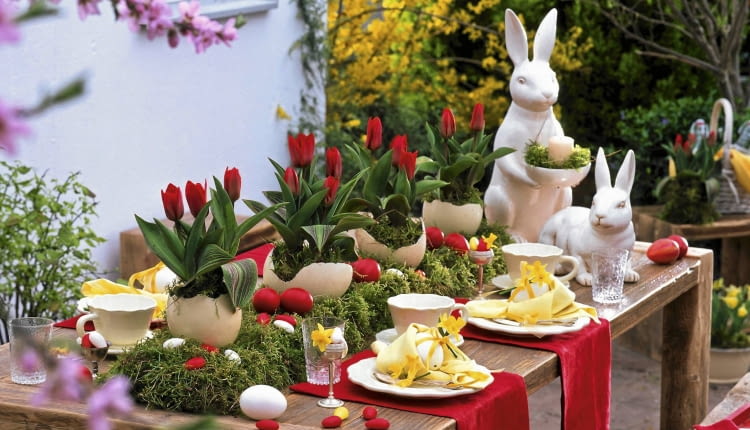 Oster - Tischdeko mit Tulpen : Tulipa ( Tulpen ) in Straußeneiern auf Moosbett, Keramik - Osterhasen, Ostereier in rot und weiß Möbel : Holzwerk - A, info@holzwerk-a.de 0551 - 3883148 61020757 Ausschnitt SLOWA KLUCZOWE: 000 Eier Hasen Ostern Terrasse Tisch Tischdekoration Topf ZZZ draussen gelb quer rot