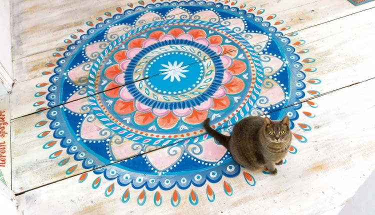 ,Mandala pattern on the floor, step available