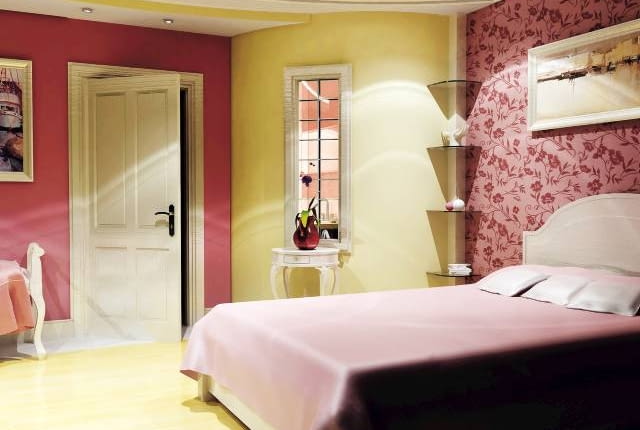 Projektowanie wnętrz. Projekt 1. W sypialni połączono elementy romantyczne (m.in. kwiecista tapeta, bibeloty) z nowoczesnymi (halogeny w podwieszanym suficie). W półokrągłej ściance zrobiono podzielone szprosami okienko z dekoracyjną ramą. Kwiat ustawiony na stylizowanej konsolce wydaje się z ciekawością zaglądać do łazienki.