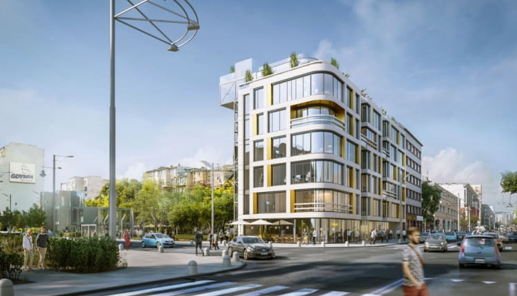 Wizualizacja budynku biurowo-usługowego w Gdyni, przy skrzyżowaniu ulic Świętojańskiej i 10 lutego. Proj. 3MA