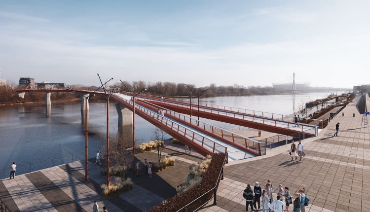 Nowy warszawski most pieszo-rowerowy przez Wisłę. Proj. Schuessler-Plan Inżynierzy
