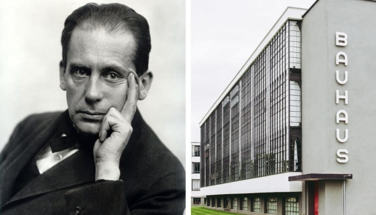 Z lewej: Walter Gropius / Z prawej: siedziba Bauhausu w Dessau