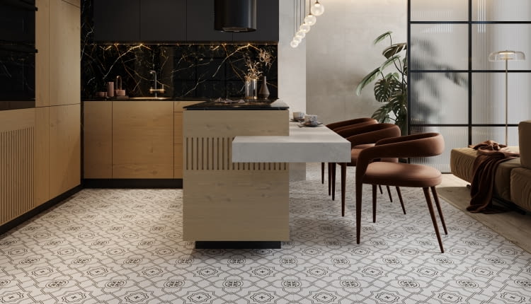 Współczesna interpretacja secesyjnych ornamentów na płytkach połączona z naturalnymi materiałami pozwala stworzyć ponadczasowe wnętrze.