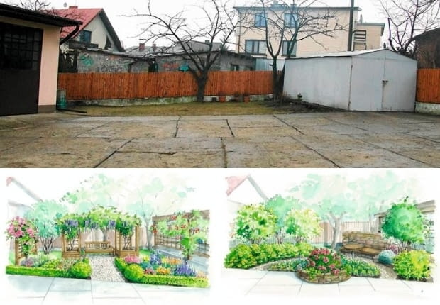 Projekty ogrodu między garażami