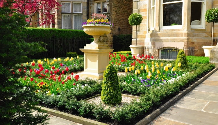 Wiosna w tym ogrodowym zakątku jest malownicza dzięki tulipanom. Kiedy przekwitną, zastąpią je niskie rośliny jednoroczne.