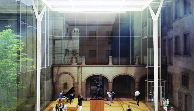 Szklany dach nad dziedzińcem z lapidarium Muzeum Warszawy