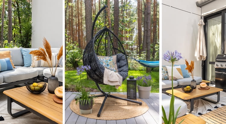 Proste meble w stonowanych kolorach stanowią odpowiednie tło dla wyrazistych poduszek. Drewno i kolor juty ocieplają to miejsce wizualnie, a fioletowe rośliny doniczkowe na tym tle wyglądają efektownie.