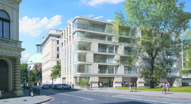 Jednym z niewielu wyróżniających się wielkomiejskich projektów pokazanych na wystawie jest apartamentowiec przy ul. Traugutta planowany przez firmę Dom Development. Architekci z pracowni Wojciecha Hermanowicza i Stanisława Rewskiego pracują nad przekształceniem w luksusowy budynek mieszkalny blisko stuletniej kamienicy hr. Krasińskich przy placu Małachowskim i dostawienie nowego budynku na jej tyłach - od strony ul. Traugutta.