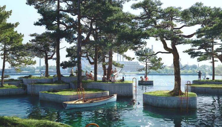 Pływające wyspy w Kopenhadze. Proj. Marshall Blecher i studio Fokstrot.