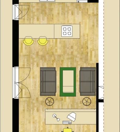 W prostokątnym pomieszczeniu, długim i wąskim, urządzono trzy aneksy: wypoczynkowy, kuchenny i do pracy - oddzielony ścianką niepełnej wysokości. Nie tylko zasłania ona biurko, ale także poprawia proporcje wnętrza i stanowi jego główną ozdobę. Wykonana jest ze stelażu obudowanego fornirowaną płytą MDF, którą częściowo oklejono wzorzystą tapetą. Dzięki temu, że miejsce do pracy jest usytuowane na końcu pokoju, można spokojnie się w nim zaszyć, gdy tymczasem tuż obok toczy się domowe życie.