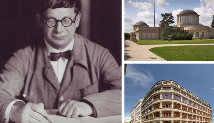 Z lewej: Hans Poelzig w 1927 roku; Z prawej u góry: Pawilon Czterech Kopuł we Wrocławiu; Z prawej na dole: Biurowiec we Wrocławiu (na skrzyżowaniu ulicy Ofiar Oświęcimskich z ulicą Łaciarską)