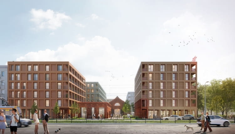 Zabudowa terenu dawnej fabryki Perun przy ul. Grochowskiej 301/305 w Warszawie - widok od strony ul. Grochowskiej. Proj. WWAA