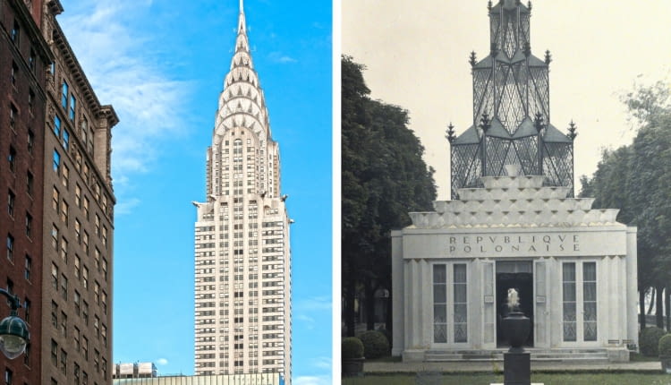 Z lewej: Chrysler Building w Nowym Jorku, z prawej: polski pawilon na wystawę w Paryżu w 1935 rok