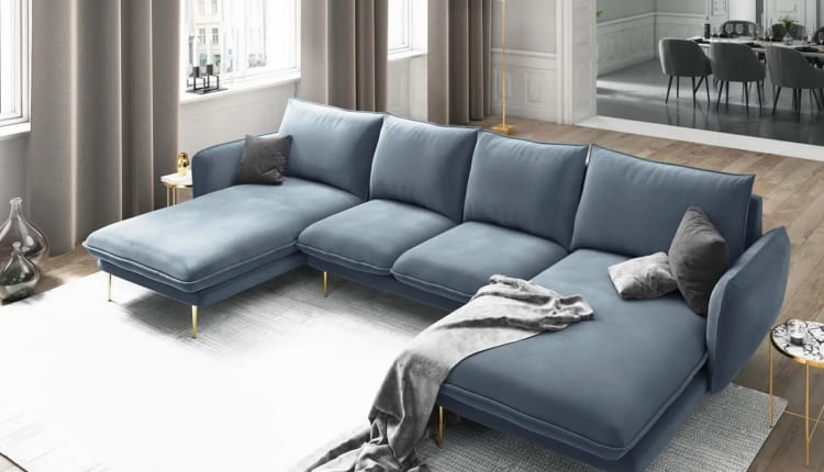 Sofa panoramiczna 6-osobowa „Vienna Blue & Gold Metal”, 170 x 350 x 95 cm