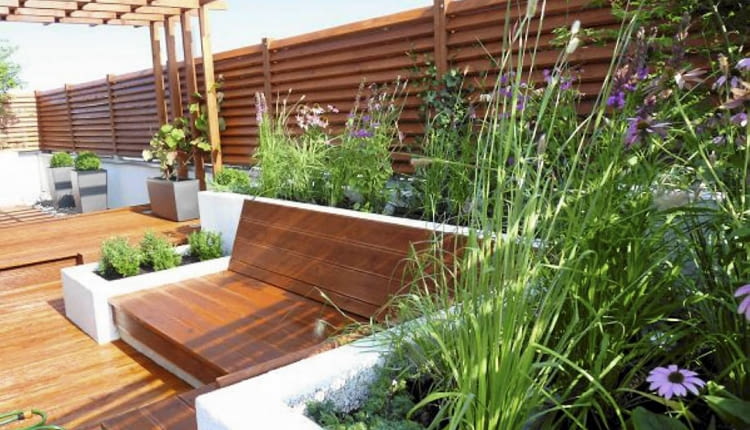 Rośliny balkonowe. Użycie drewna w ciepłym kolorze sprawia, że taras sprawia przytulne wrażenie. Będzie tu jeszcze ładniej, gdy pergolę oplecie winorośl