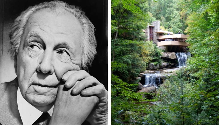 Z lewej: Frank Lloyd Wright; z prawej: Fallinwater (Dom nad wodospadem)