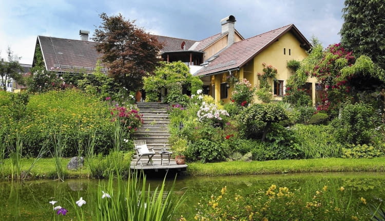 Blick ´ber den Teich auf das Haupthaus mit der Treppe runter zu dem Steg mit Gartenstuhl, am Hang Rosen (Rosa) im Garten Feistritz. SLOWA KLUCZOWE: Bach Badeteich Blumentopf Blument^pfe Camellia Feistritz Garten Gartenhaus Gartenm^bel Gartenreportage Gartenstuhl Gartentisch gelb Hanggrundst´ck Hanggrundst´ck Haus Holland h^lzern aus Holz Holzstuhl Juni Kamelie ÷sterreich ÷sterreich Rasen Reportage rosa Steg Stuhl Teich Tisch Treppe Ufer Wiese Ferdinand Graf Luckner FocusOnGarden Feature Gartenfeature Querformat