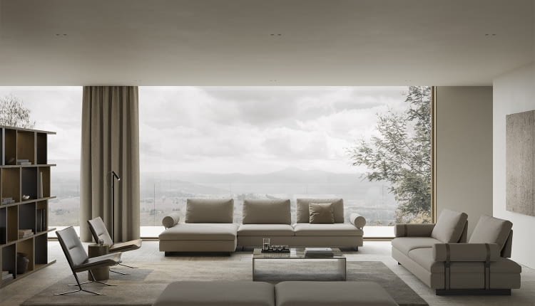 Wnętrze z kolekcją modułową DEEP stanowi przedłużenie naturalnego krajobrazu.