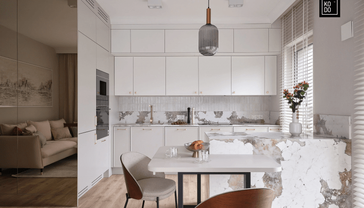 Eleganckie mieszkanie w bieli, beżach i szarości