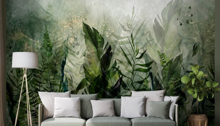 Fototapeta W porannej rosie - pejzaż liści na zielonym tle Nr 144492