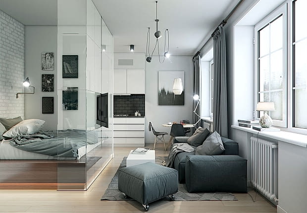 małe mieszkanie, szarości w mieszkaniu, projekt małego mieszkania, jak urządzić małe mieszkanie